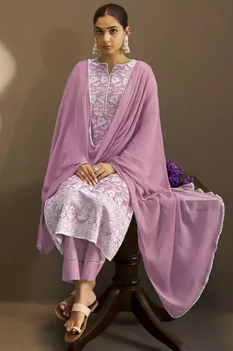 Light-purple embroidered schiffly pure cotton straight