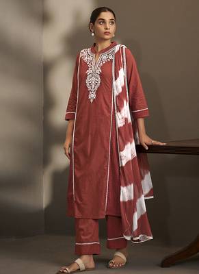 Maroon embroidered schiffly pure cotton straight 1