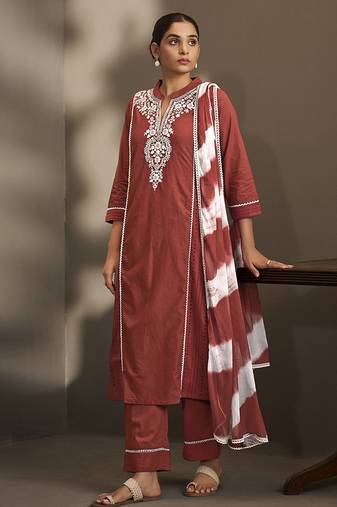 Maroon embroidered schiffly cotton straight