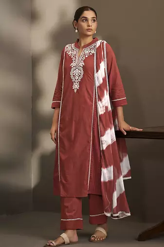 Maroon embroidered schiffly pure cotton straight