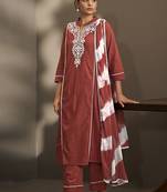 Maroon embroidered schiffly pure cotton straight