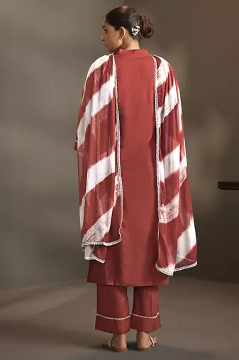 Maroon embroidered schiffly pure cotton straight