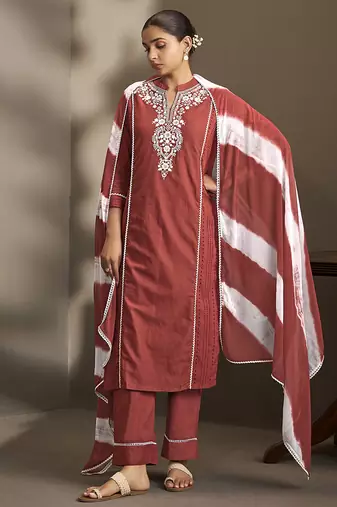 Maroon embroidered schiffly pure cotton straight