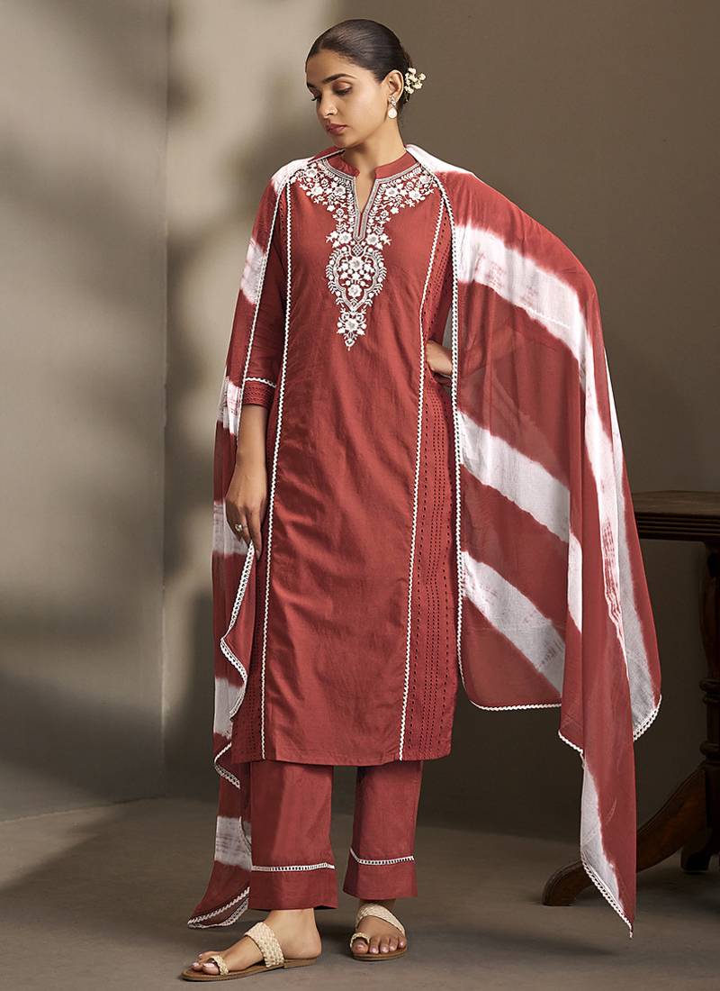 Maroon embroidered schiffly pure cotton straight