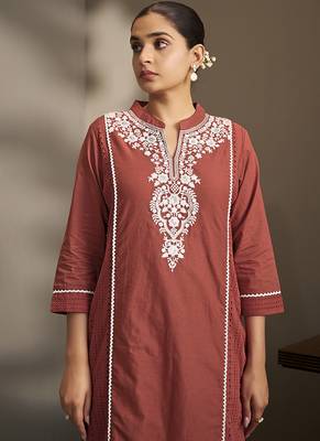 Maroon embroidered schiffly pure cotton straight 4