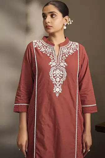 Maroon embroidered schiffly pure cotton straight