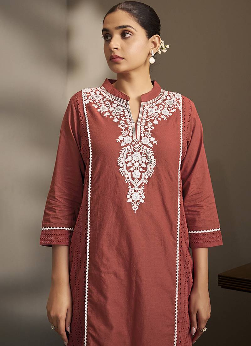 Maroon embroidered schiffly pure cotton straight