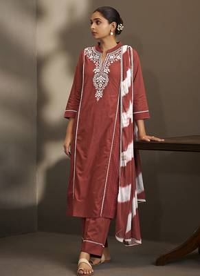 Maroon embroidered schiffly pure cotton straight 5