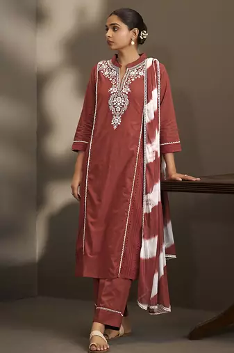 Maroon embroidered schiffly pure cotton straight