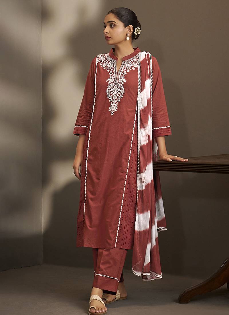 Maroon embroidered schiffly pure cotton straight