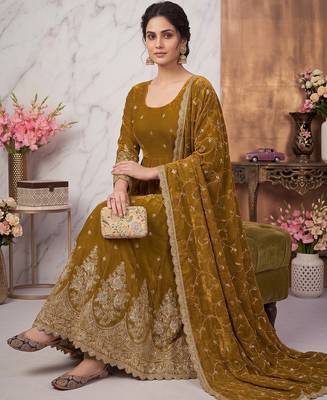Gold colour embroidered georgette anarkali suit set with dupatta & pant 2