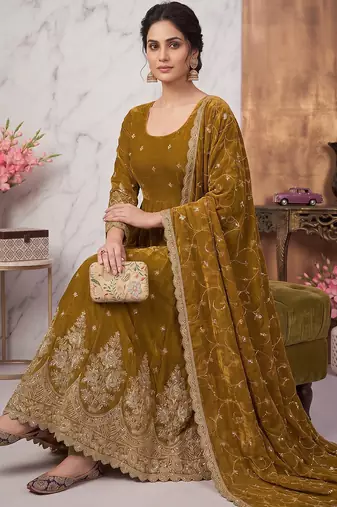 Gold colour embroidered georgette anarkali suit set with dupatta & pant