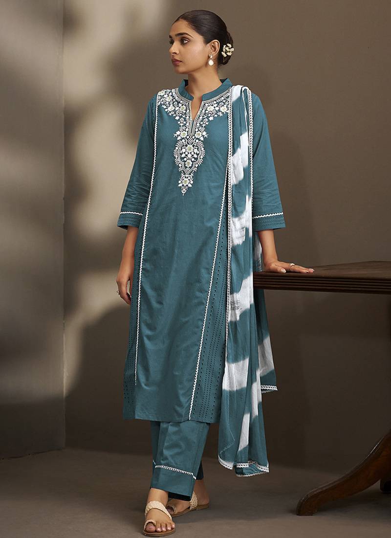 Rama embroidered schiffly pure cotton straight