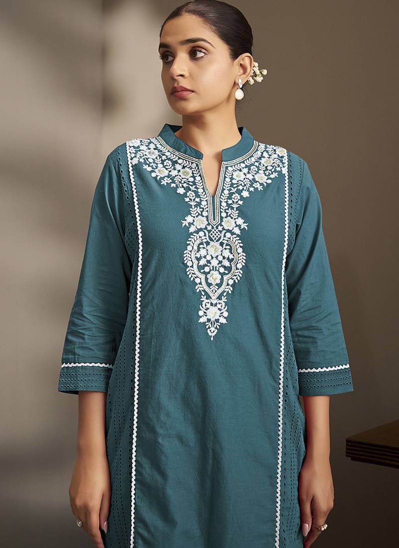 Rama embroidered schiffly pure cotton straight