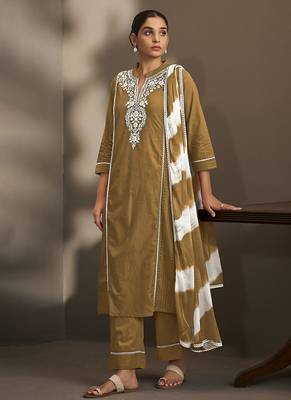 Brown embroidered schiffly pure cotton straight 1