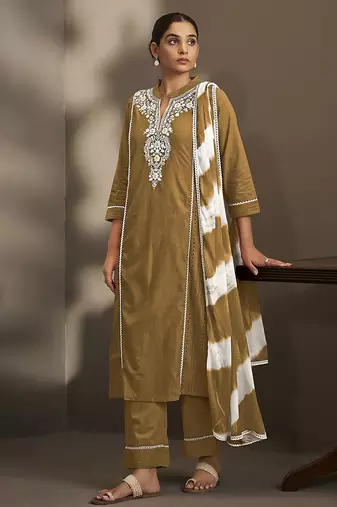 Brown embroidered schiffly pure cotton straight
