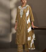 Brown embroidered schiffly pure cotton straight