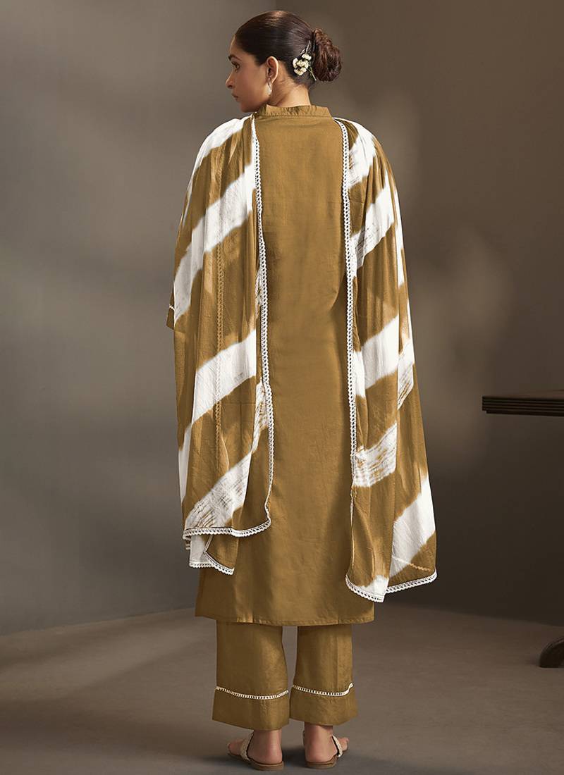 Brown embroidered schiffly pure cotton straight