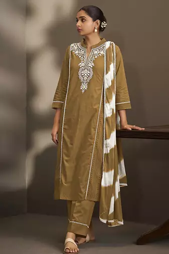 Brown embroidered schiffly pure cotton straight