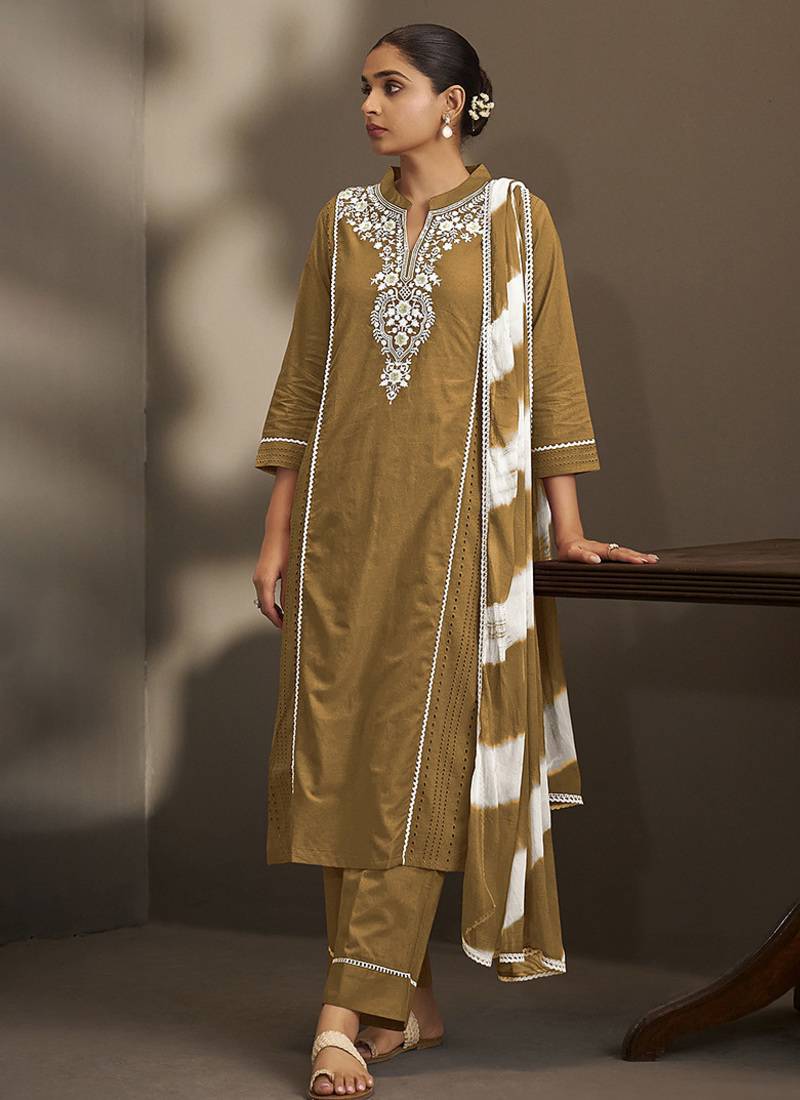 Brown embroidered schiffly pure cotton straight