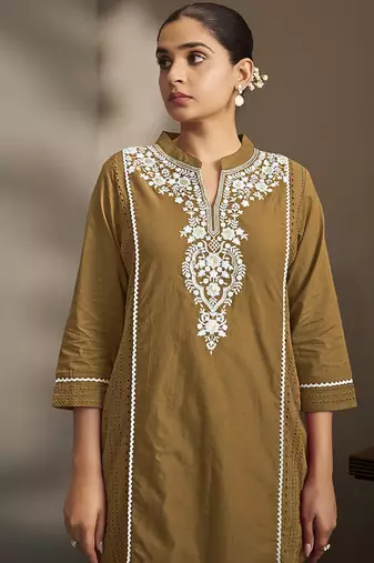 Brown embroidered schiffly pure cotton straight