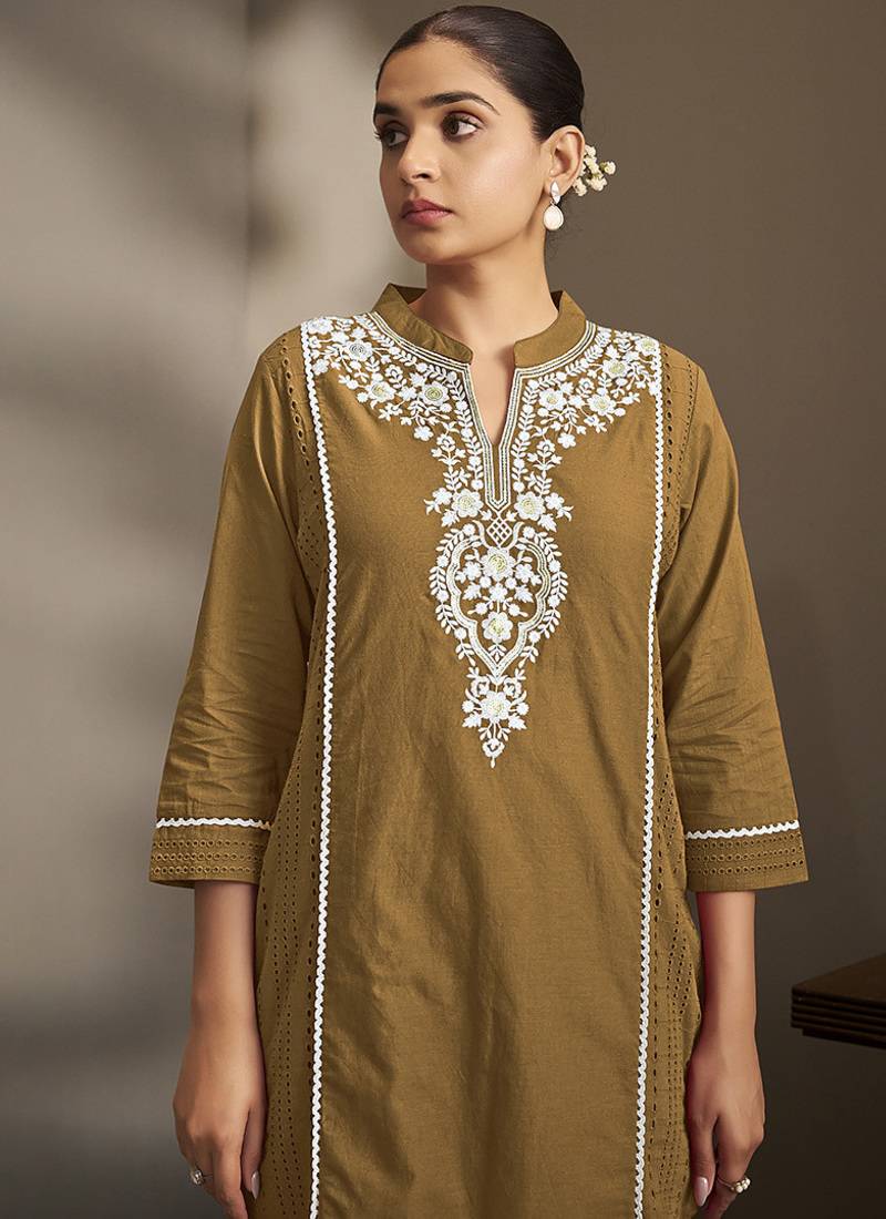 Brown embroidered schiffly pure cotton straight