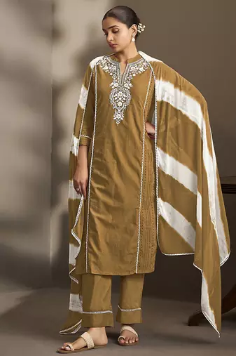 Brown embroidered schiffly pure cotton straight