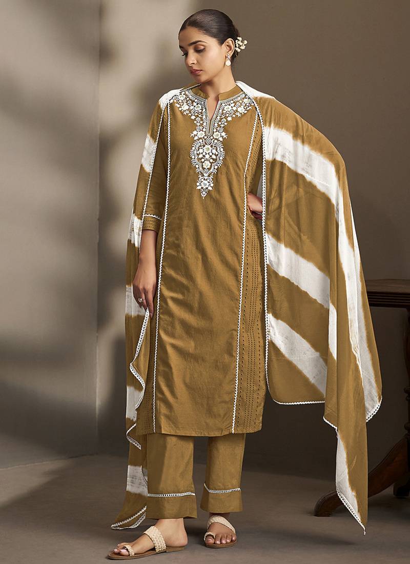 Brown embroidered schiffly pure cotton straight