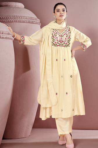 Off white embroidered schiffly cotton straight