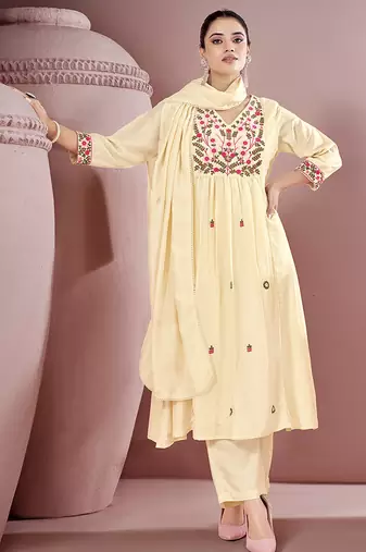 Off white embroidered schiffly pure cotton straight