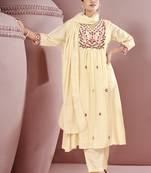 Off white embroidered schiffly pure cotton straight