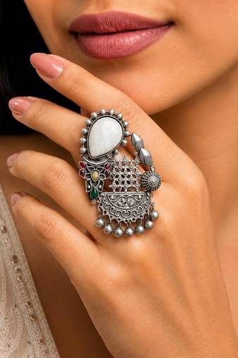 Two Finger Statement Fusion Ring, Adjustable Tribal Stone Boho Ring, Silver Oxidized Brass Ring