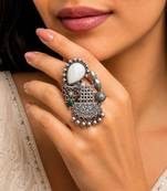 Two Finger Statement Fusion Ring, Adjustable Tribal Stone Boho Ring, Silver Oxidized Brass Ring