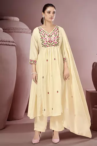 Off white embroidered schiffly pure cotton straight