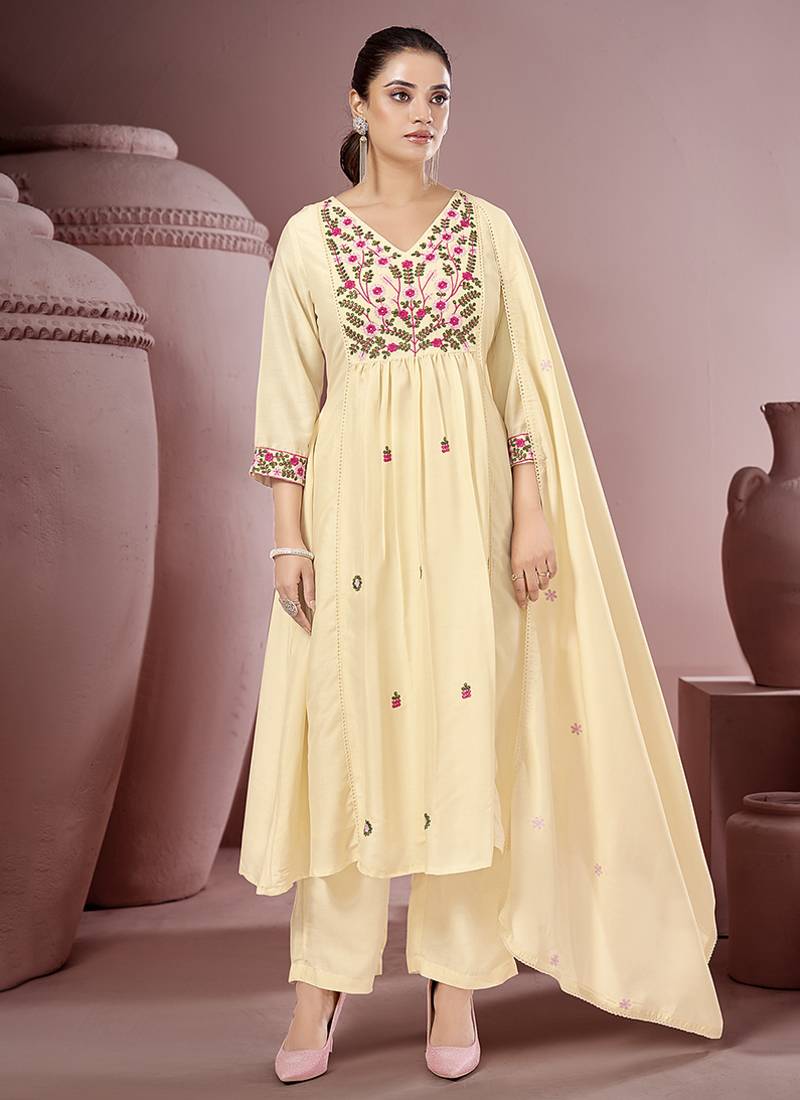 Off white embroidered schiffly pure cotton straight
