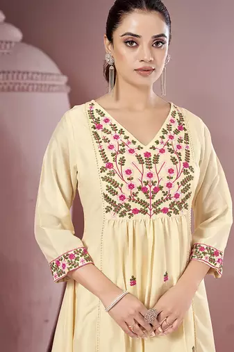 Off white embroidered schiffly pure cotton straight