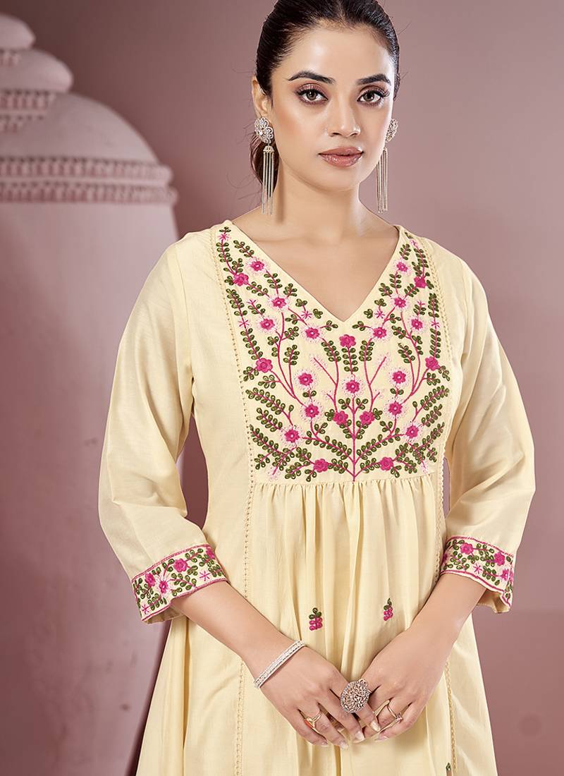 Off white embroidered schiffly pure cotton straight