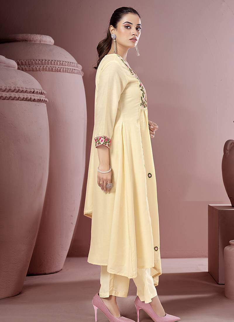 Off white embroidered schiffly pure cotton straight
