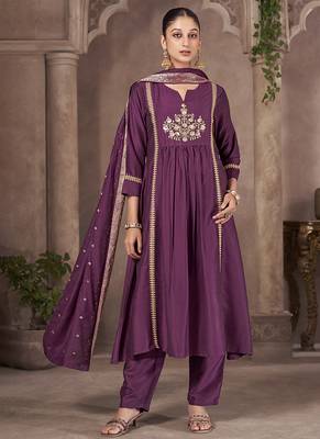 Wine embroidered chinnon anarkali 1
