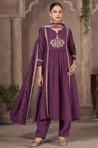 Wine embroidered chinnon anarkali
