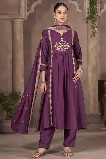 Wine embroidered chinnon anarkali