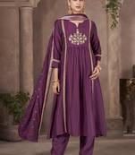 Wine embroidered chinnon anarkali