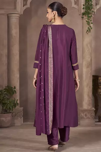 Wine embroidered chinnon anarkali