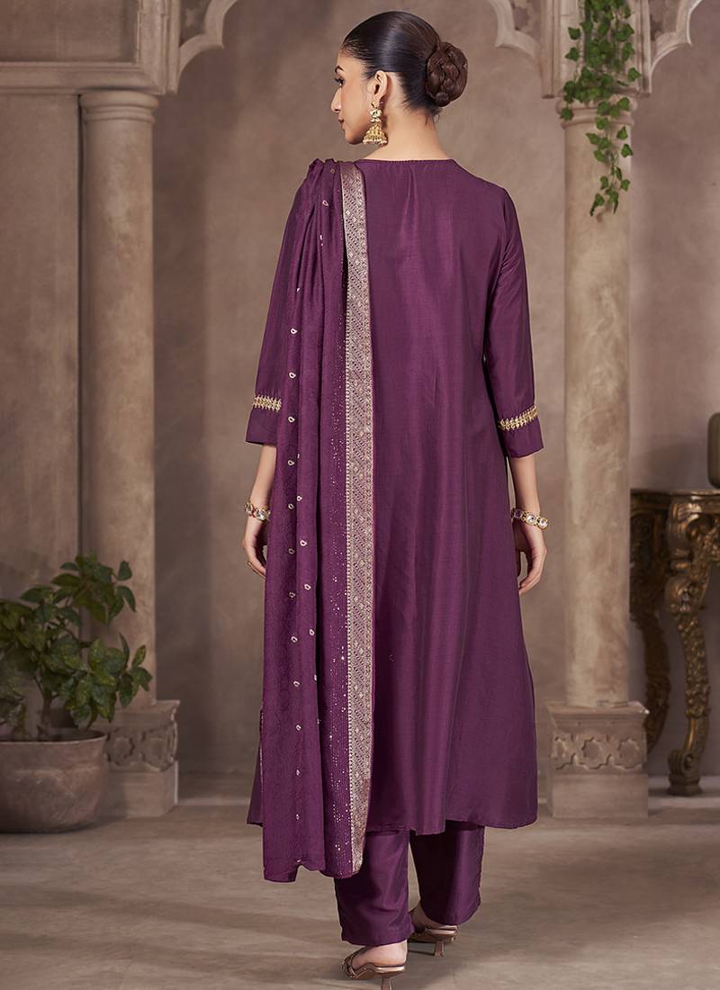 Wine embroidered chinnon anarkali