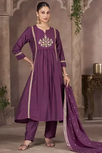 Wine embroidered chinnon anarkali