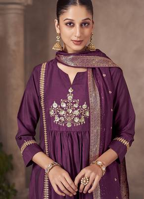 Wine embroidered chinnon anarkali 4