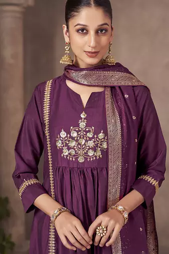 Wine embroidered chinnon anarkali