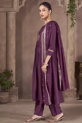 Wine embroidered chinnon anarkali