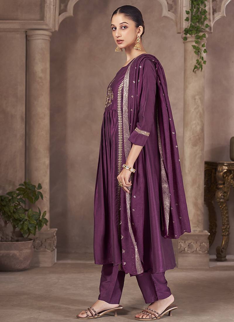Wine embroidered chinnon anarkali