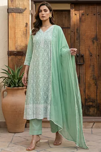 Pista green embroidered schiffly cotton blend anarkali